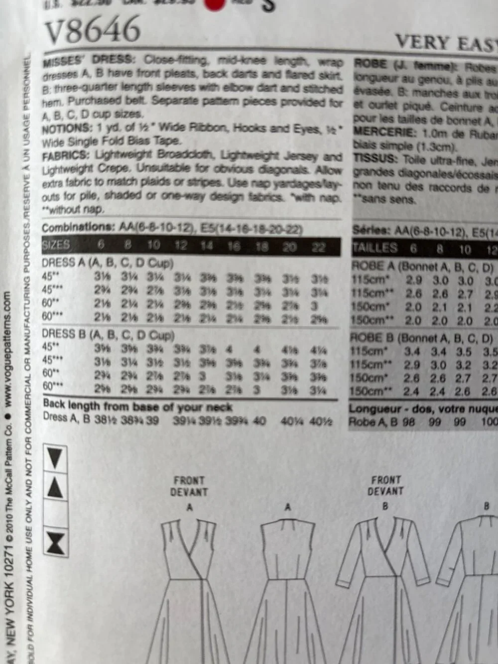 Vogue Patterns 8646 Dress Sewing Pattern Size 14 16 18 20 22 Uncut 2010